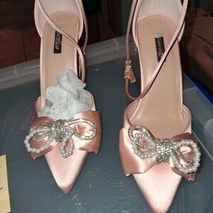 Primark Blush Satin Heels with Bow and Pearl Detail
